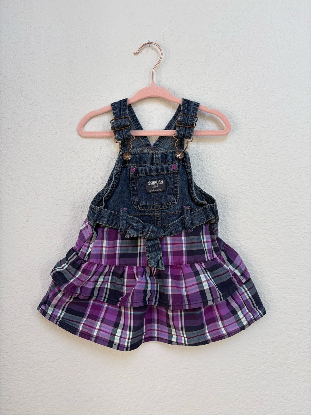 OshKosh B'gosh Vestbak Toddler Girl Denim Overall Dress with Purple Plaid Skirt